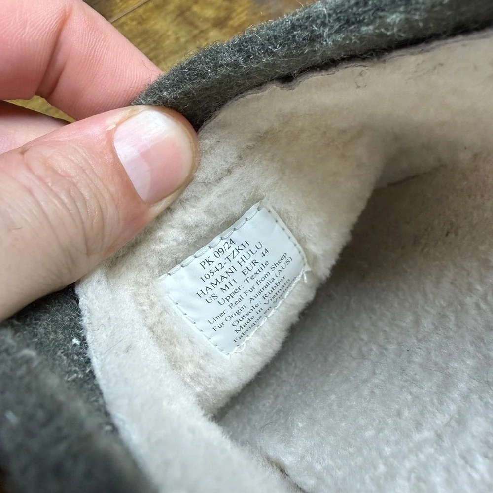 OluKai Hamani Hulu 10542 Dark Wood Wool Sheepskin Slipper Mens Size 11 EU 44